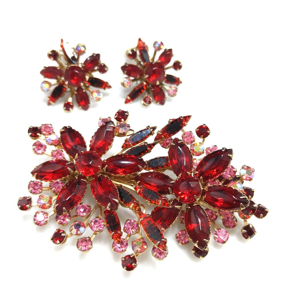 Red Floral Rhinestone Brooch Earrings Set, Aurora Borealis Pink, 1950s Vintage